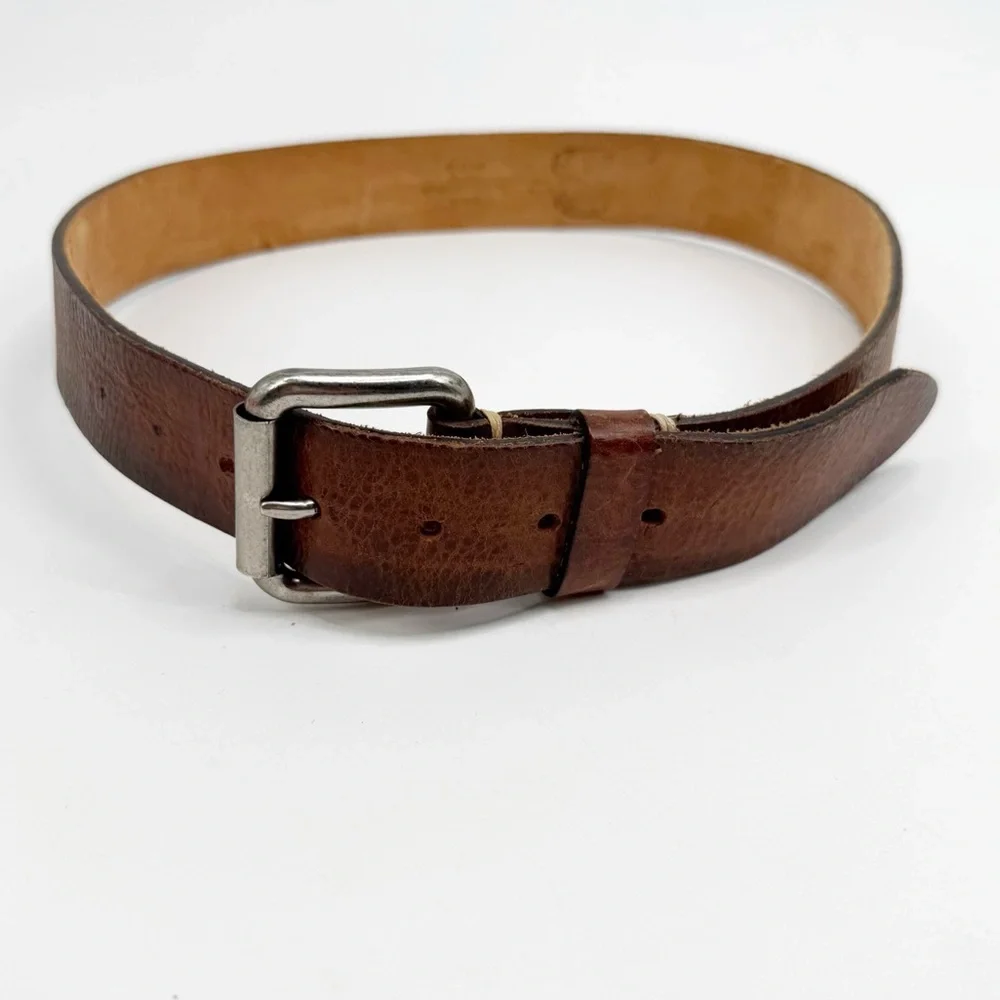 Genuine Leather Burnished Brown Belt with Rectangular Silver Buckle, Size 32